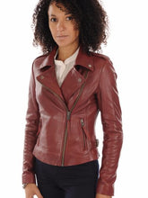 Load image into Gallery viewer, Women’s Asymmetrical Red Biker Leather Jacket
