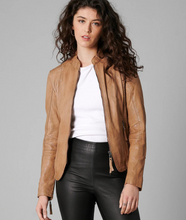 Load image into Gallery viewer, Women&#39;s Tan Fitted Real Leather Jacket
