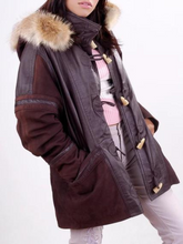 Load image into Gallery viewer, Women&#39;s Dark Brown Hooded Fur Leather Coat
