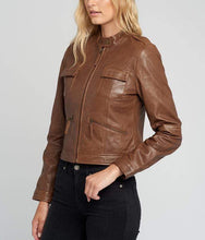 Load image into Gallery viewer, Women’s Brown Cafe Racer Leather Jacket
