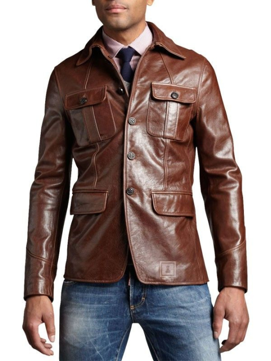 Men's Brown Leather Cafe Racer Blazer Coat