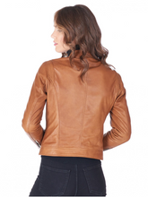 Load image into Gallery viewer, Womens Brown Snap Collar Leather Jacket
