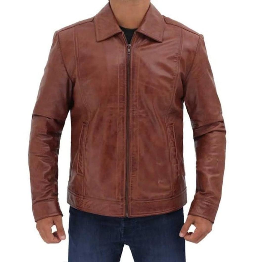 Men's Brown Distressed Leather Motorcycle Jacket