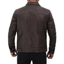 Load image into Gallery viewer, Men&#39;s Distressed Brown Leather Trucker Jacket
