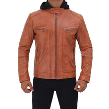 Load image into Gallery viewer, Men&#39;s Tan Hooded Leather Jacket
