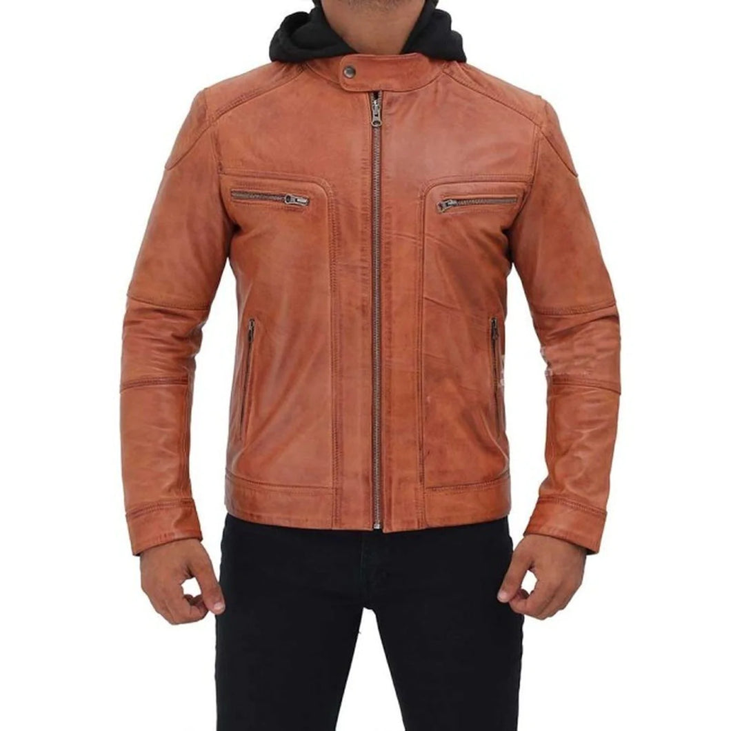 Men's Tan Hooded Leather Jacket
