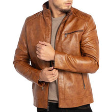 Load image into Gallery viewer, Men&#39;s Brown Stand Collar Leather Rider Jacket
