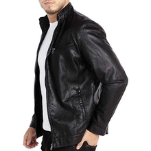 Load image into Gallery viewer, Men&#39;s Black Stand Collar Real Leather Biker Jacket
