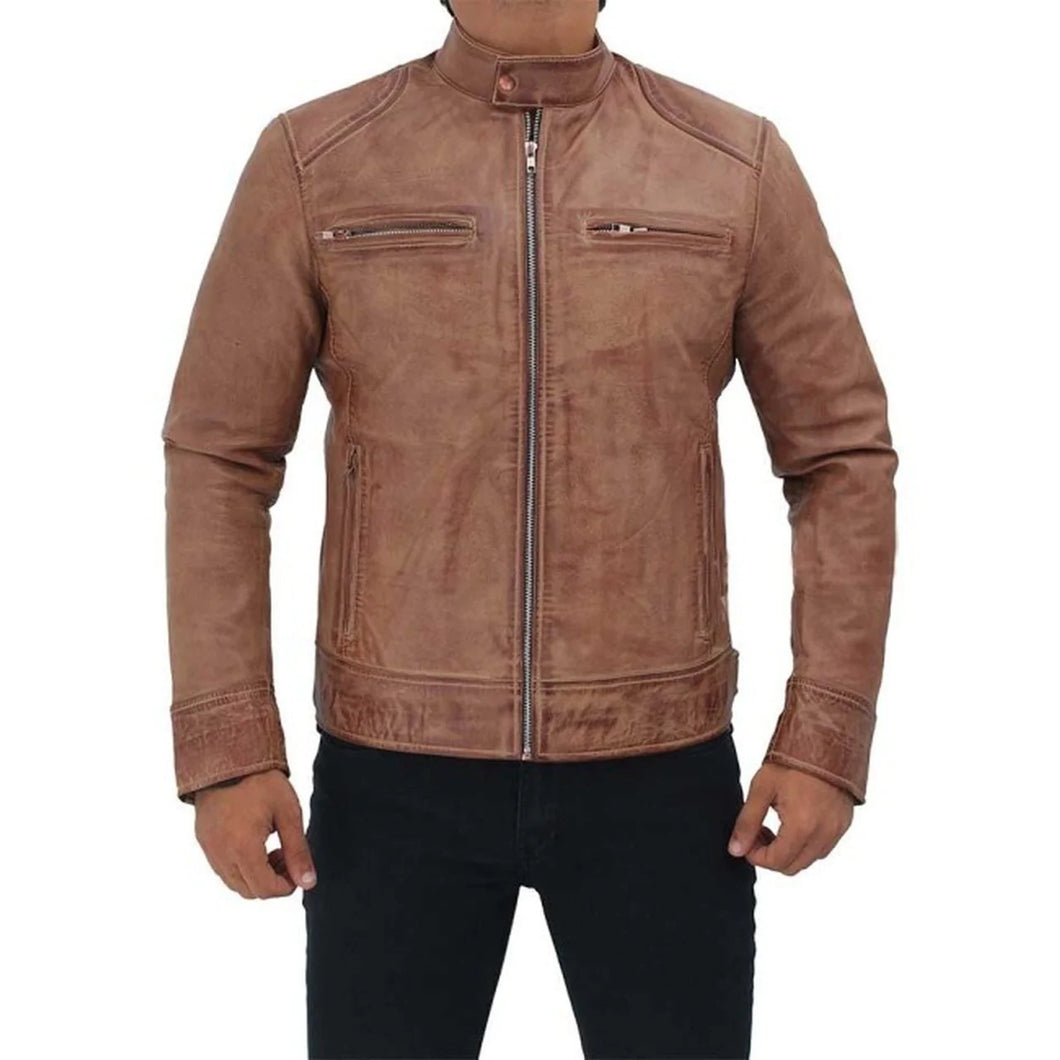 Men's Rib Brown Distressed Leather Biker Jacket