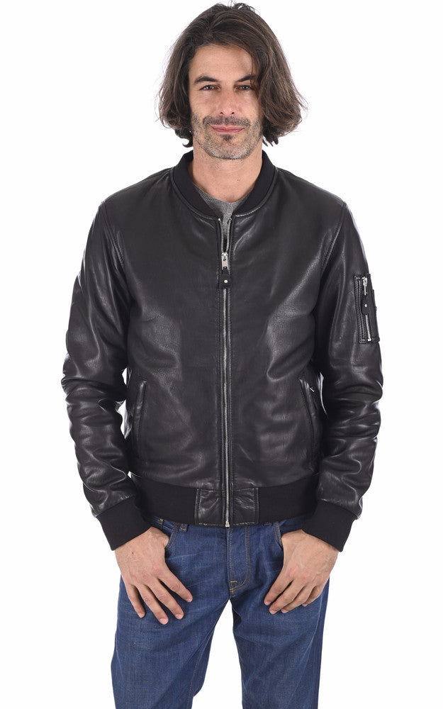 Men's Ink Black Bomber Leather Jacket