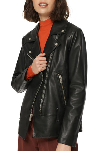 womens Lapel collar Leather jacket in Black