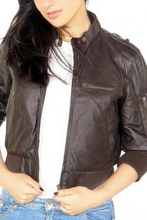 Load image into Gallery viewer, Women&#39;s Dark Brown Short Bomber Leather Jacket
