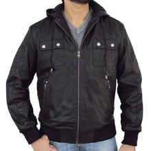 Load image into Gallery viewer, Solo Bomber Fixed Hooded Black Leather Jacket
