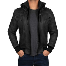 Load image into Gallery viewer, Men&#39;s Black Hooded Real Leather Jacket
