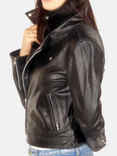 Load image into Gallery viewer, Women&#39;s Black Motorcycle Leather Jacket
