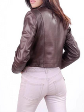 Load image into Gallery viewer, Women&#39;s Dark Brown Slim Fit Biker Leather Jacket
