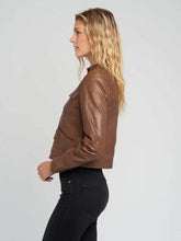 Load image into Gallery viewer, Women’s Brown Cafe Racer Leather Jacket
