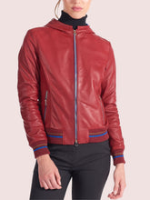 Load image into Gallery viewer, Women’s Red Bomber Hooded Leather Jacket
