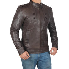 Load image into Gallery viewer, Men&#39;s Coffee Brown Button Pocket Leather Jacket
