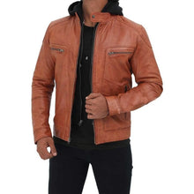 Load image into Gallery viewer, Men&#39;s Tan Hooded Leather Jacket
