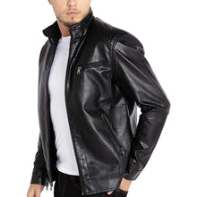 Load image into Gallery viewer, Men&#39;s Black Stand Collar Leather Rider Jacket
