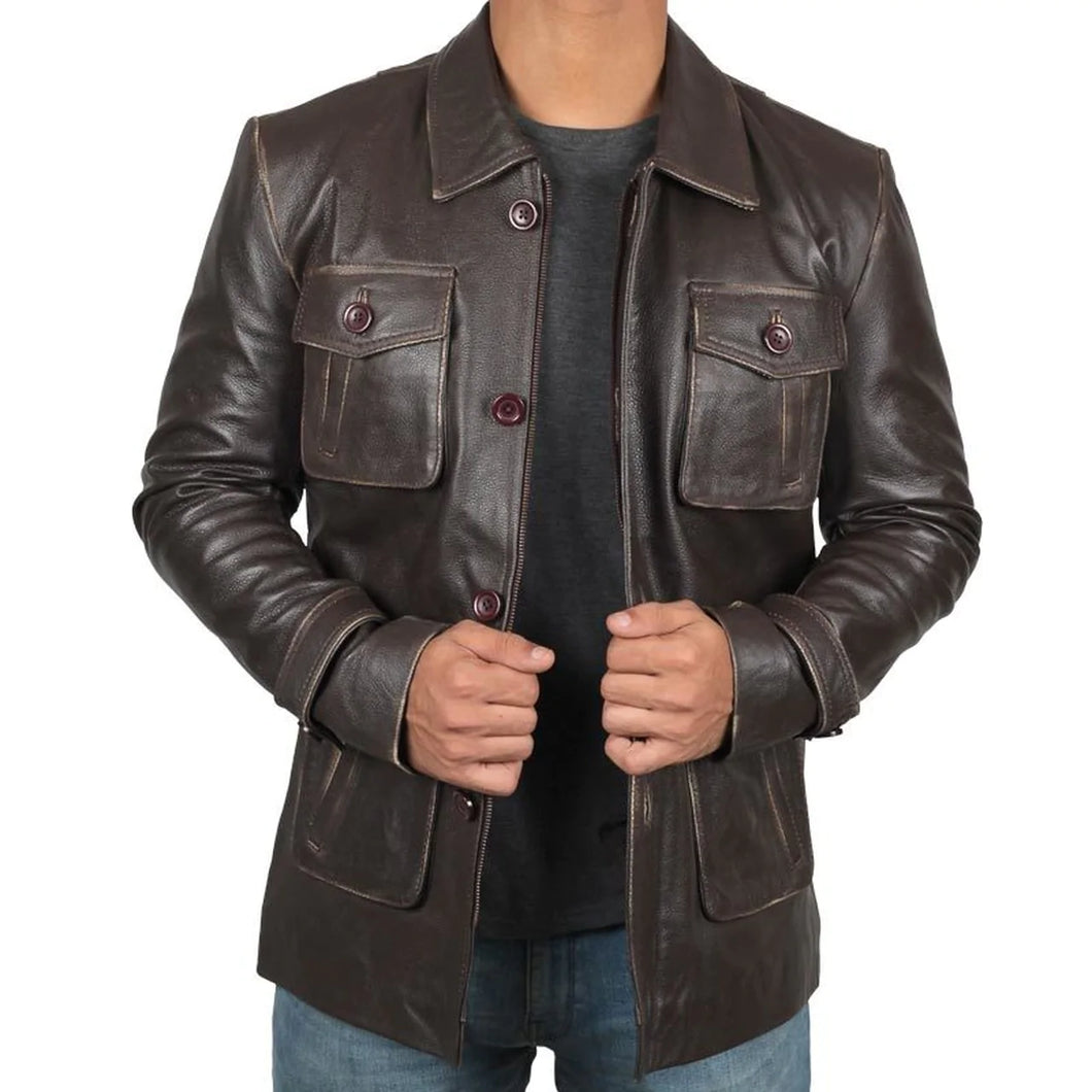 Men's Dark Brown Real Leather Jacket - Boneshia