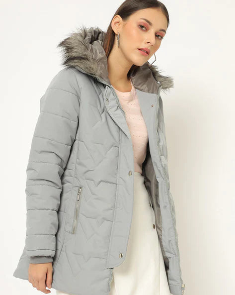 Gray Jacket With Faux Fur Lined Hood