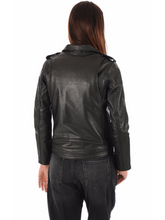 Load image into Gallery viewer, Women’s Black Biker Leather Jacket With Lapel Collar
