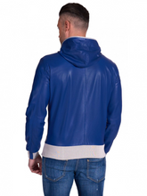 Load image into Gallery viewer, Black Leather Mens biker Blue hooded collar Jacket - Boneshia
