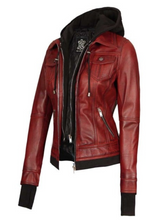 Load image into Gallery viewer, Women&#39;s Maroon Leather Jacket with Removable Hood

