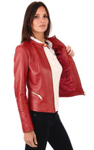 Load image into Gallery viewer, Women Round Collar Red Leather Biker Jacket
