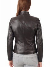 Load image into Gallery viewer, Women’s Real Leather Dark Brown Biker Jacket
