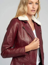 Load image into Gallery viewer, Women&#39;s Maroon Biker Shearling Fur Collared Leather Jacket
