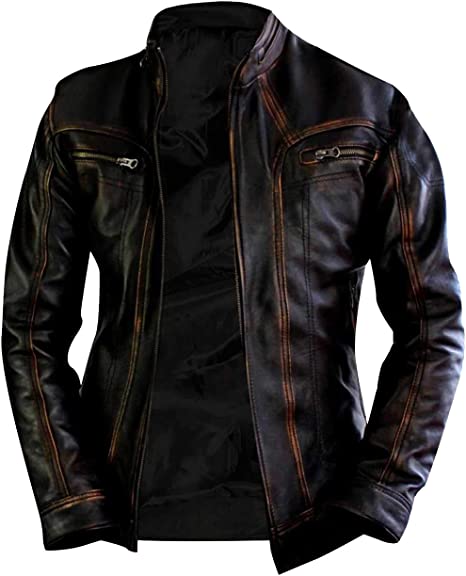 Mens Biker Distressed Genuine Leather Jacket