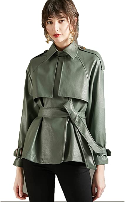 Women's Faux Leather Green Coat - Boneshia