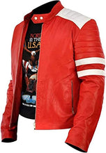 Load image into Gallery viewer, Mens White Stripes Biker Red Synthetic Leather Jacket
