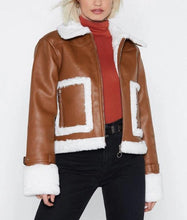Load image into Gallery viewer, Womens Brown Cropped Aviator Leather Jacket

