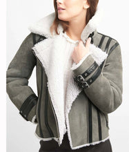 Load image into Gallery viewer, Womens Grey Leather Shearling Motorcycle Jacket
