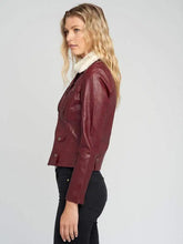 Load image into Gallery viewer, Women&#39;s Maroon Biker Shearling Fur Collared Leather Jacket
