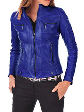 Load image into Gallery viewer, Womens Blue Lambskin Leather Jacket
