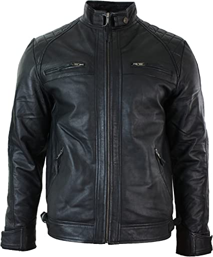 Mens Retro Style Zipped Black Biker Real Leather Jacket