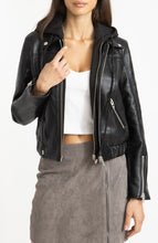 Load image into Gallery viewer, womens hooded biker Leather jacket in Black - Boneshia
