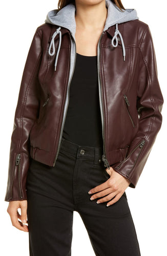 womens Removable hooded biker Leather jacket in Black