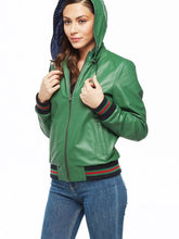 Load image into Gallery viewer, Women Green Leather Varsity Bomber Jacket with Stand Collar Hooded
