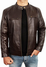 Load image into Gallery viewer, Men&#39;s Coffee Brown Stand Collar Leather Bikers Jacket

