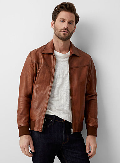 Men's Bomber Brown Leather Jacket - Boneshia