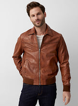 Load image into Gallery viewer, Men&#39;s Bomber Brown Leather Jacket - Boneshia
