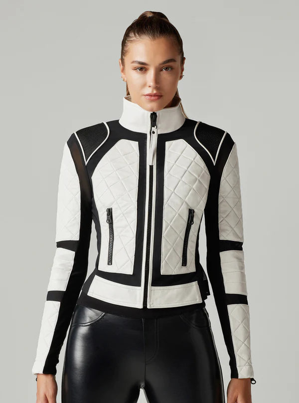 Women's White and Black Biker Leather Jacket