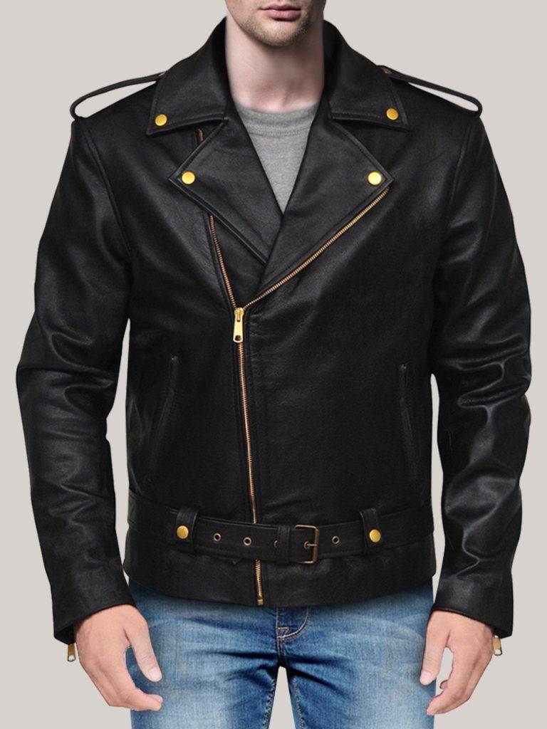 Men’s Brando Style Black Leather Jacket With Golden Detailing