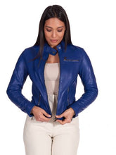 Load image into Gallery viewer, Women Navy Blue Leather Biker Jacket
